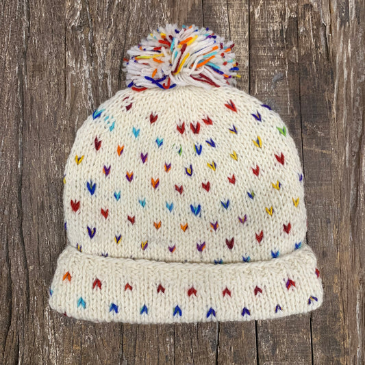 100% WOOL HAND KNITTED BEANY WHITE POMPOM