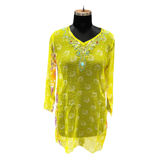Chartreuse Daisy Grid Crystal Kaftan