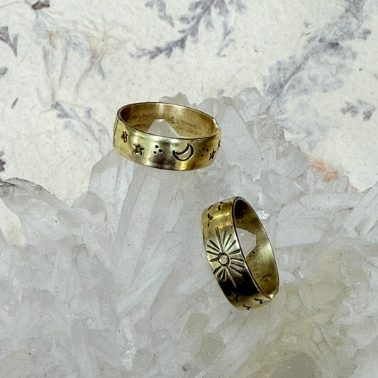 PURE BRASS SUN MOON STAR CARVED CELESTIAL RING
