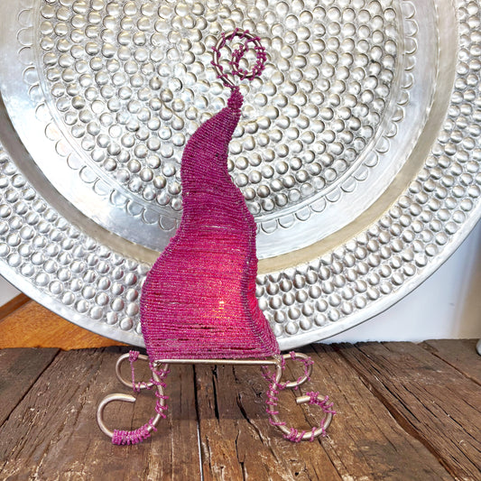 GLASS BEADED WAVY CANDLE HOLDER “FUSCHIA” 35x22x6