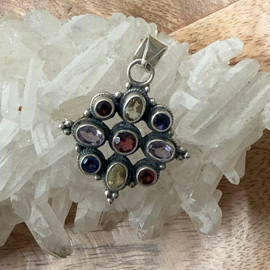 STERLING SILVER MULTI STONE PENDANT -GARNET, PERIDOT, AMETHYST, CITRINE, IOLITE