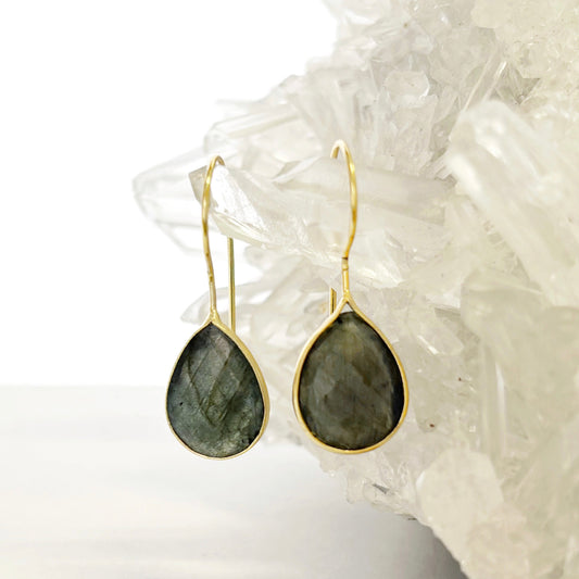 14K Gold plated Brass Labradorite Teardrop Earrings 3x1CM