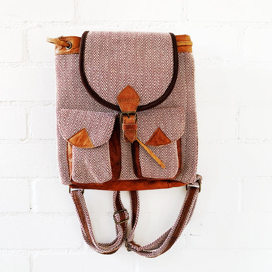 Leather & Cotton Backpack (Red)29x39cm