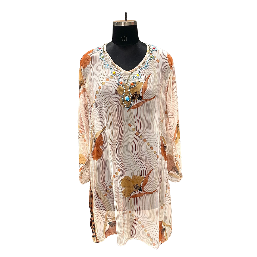 Cream Hibiscus Wave Crystal Kaftan