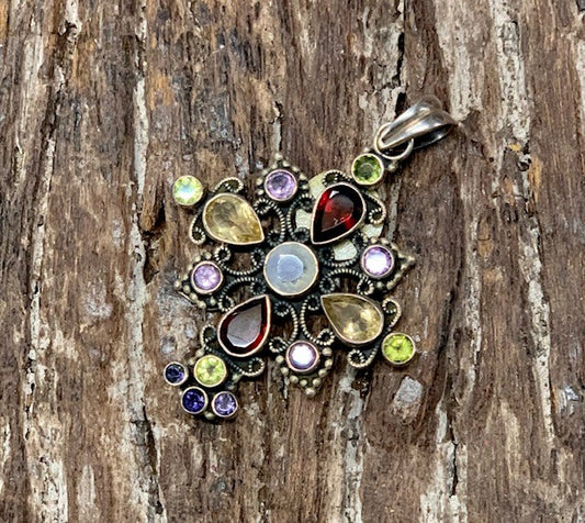 STERLING SILVER CROSS PENDANT MOONSTONE, GARNET, CITRENE, AMETHYST, PERIDOT