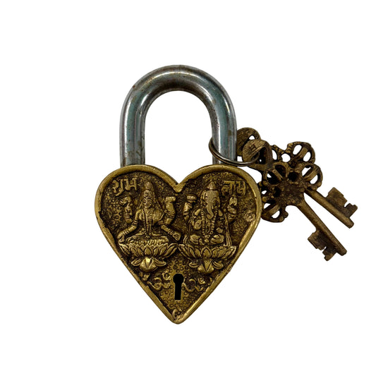Copy of GANESH & LAXMI ON LOTUS HEART BRASS LOCK 7.5 X 12CM