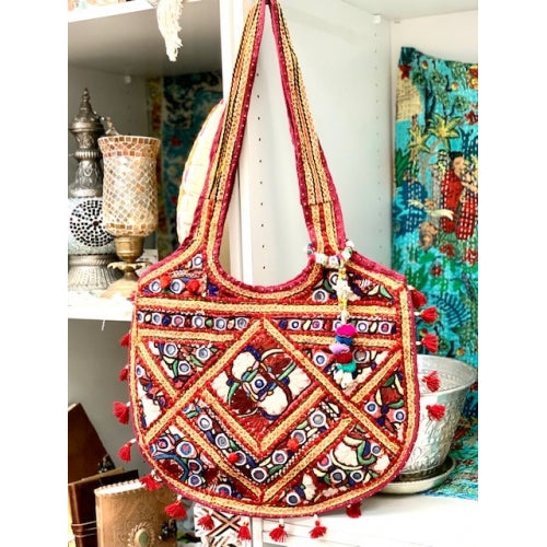 TASSELED MIRRORED MASALA FABRIC SHOULDER BAG