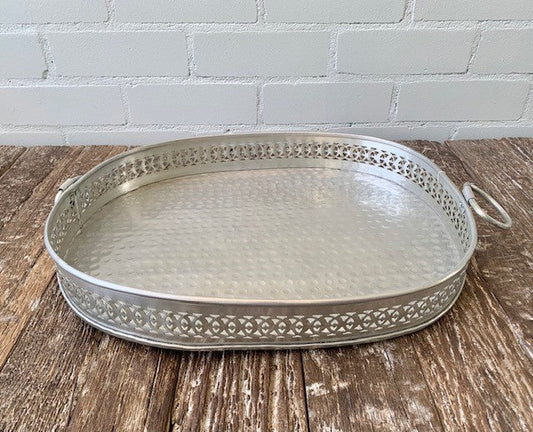 SILVER HAND CARVED OVAL PLATE 35X28CM