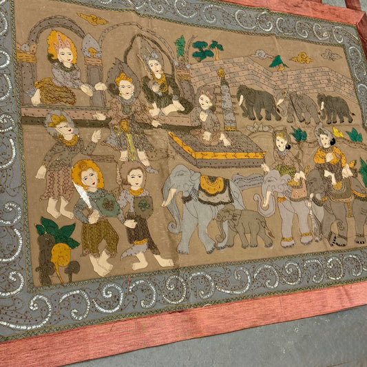 VINTAGE BURMESE HAND PAINTED WALL HANGING 137X102CM