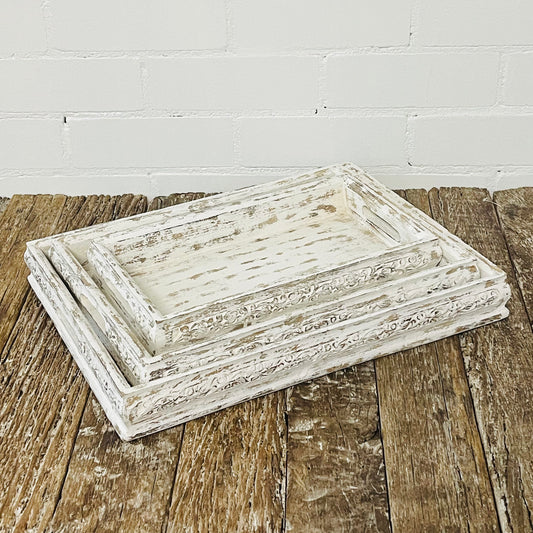 WHITE WASHED WOODENTRAY SET OF 3