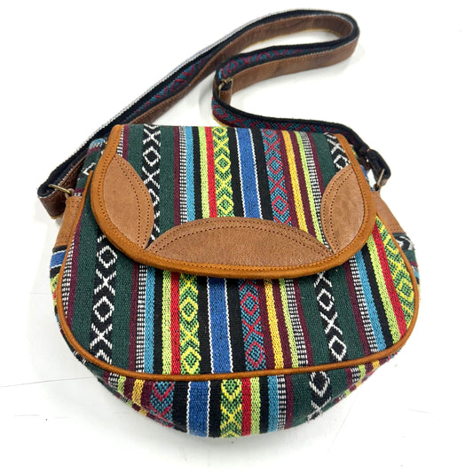 Cross Shoulder Handmade Leather & Cotton Bag 24x21cm