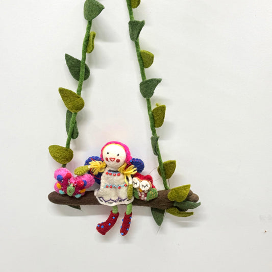 FELT WHITE GARDEN FAIRY ON A SWING