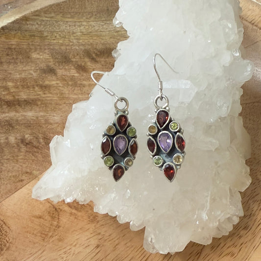 STERLING SILVER MULTI STONE EARRING -GARNET, PERIDOT, AMETHYST, CITRINE