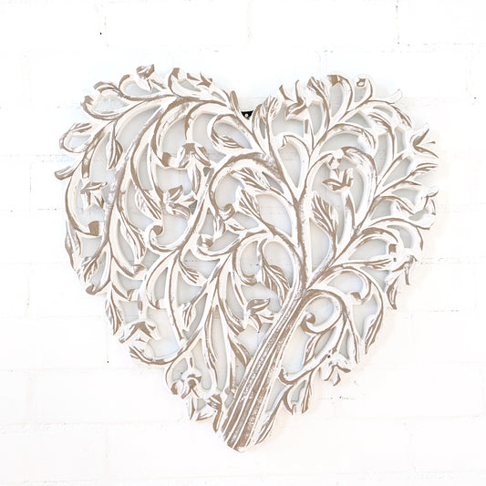 WOODEN WHITEWASHED HEART FLORAL HANGING/ WALL PANEL 60x56CM