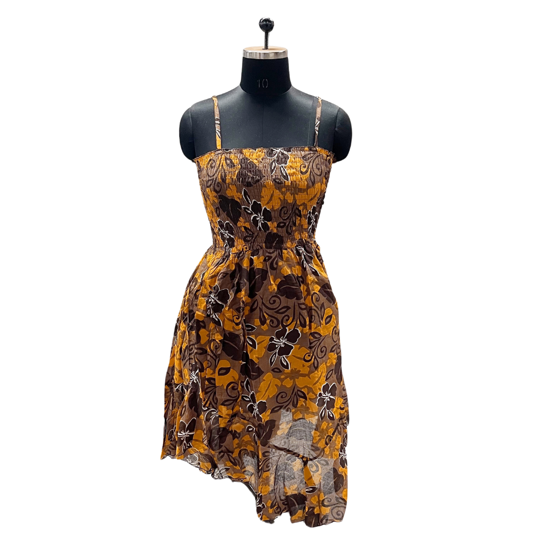 Golden Hibiscus Smocked Sundress With Adjustable Straps