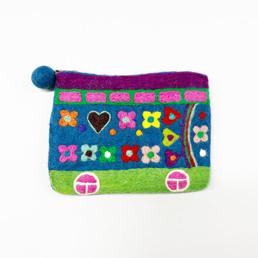 HANDMADE FELT 'BOHO BUS' PURSE (NAVY) 18X14CM