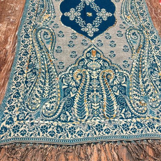 Wool Blend Paisley Emb. Shawl 188x73CM TEAL GREEN
