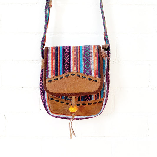 Cross Shoulder Handmade Leather & Cotton Bag 23x21cm