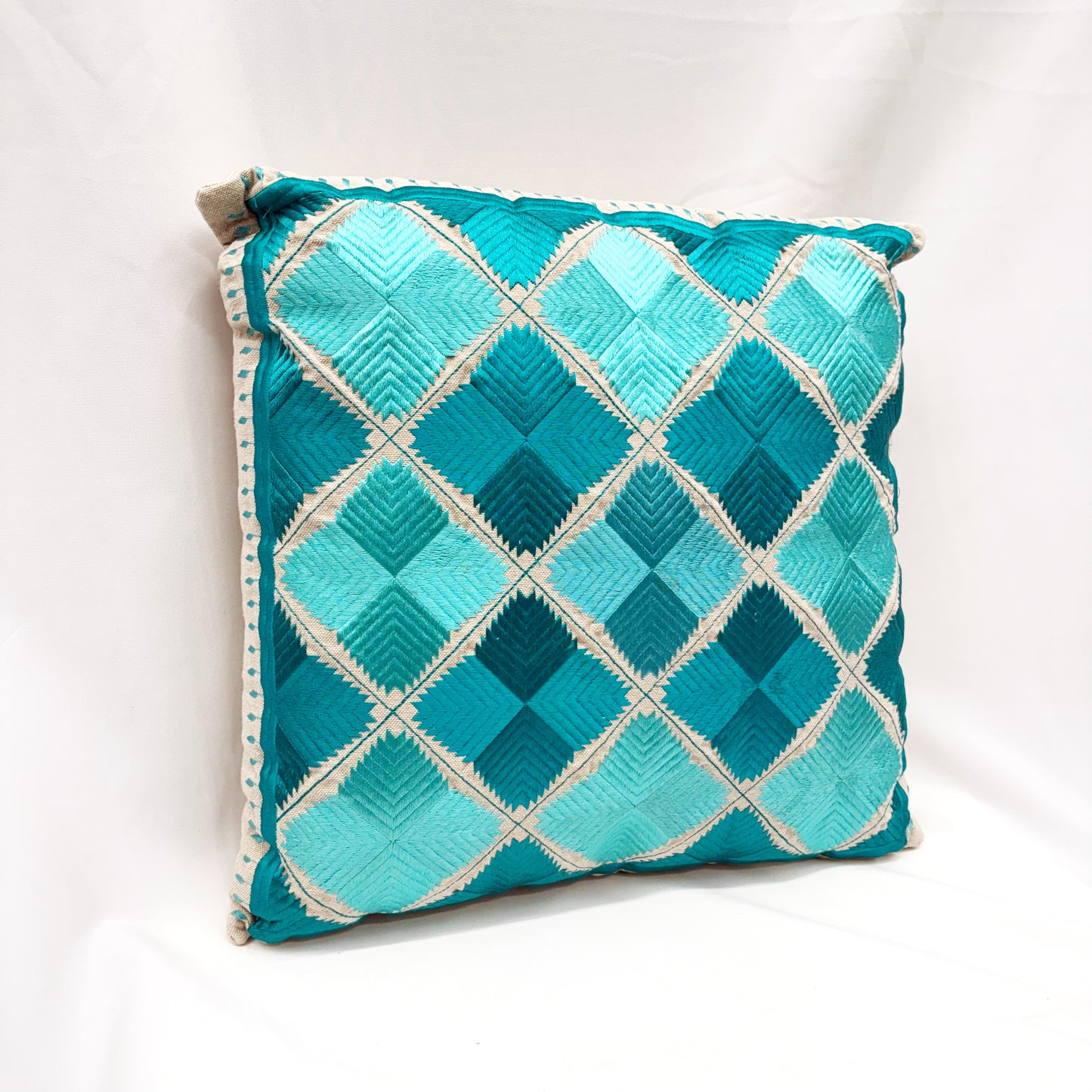 ‘AQUA & TEAL’ EMBROIDERED COTTON CUSHION 45CM
