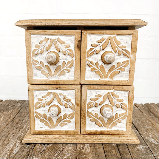 ORNATE WOODEN 4- DRAWER BOX 22x21cm