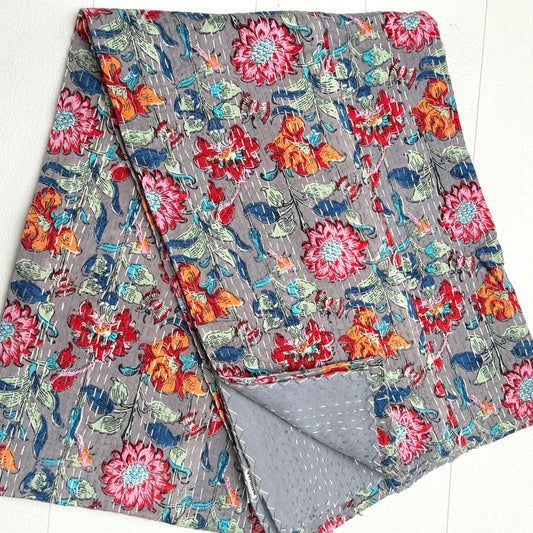 100% COTTON HAND STITCHED FLORAL THROW 150x220CM