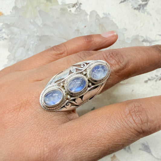 STERLING SILVER 3 RAINBOW MOONSTONE STONE RING