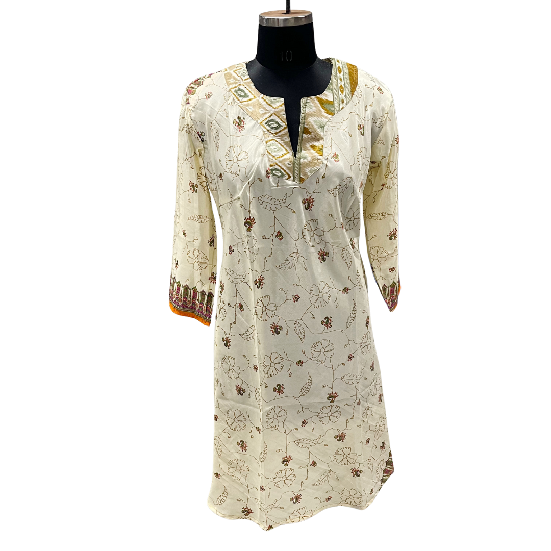 Silk Cream Floral Tunic with Embellished Neckline