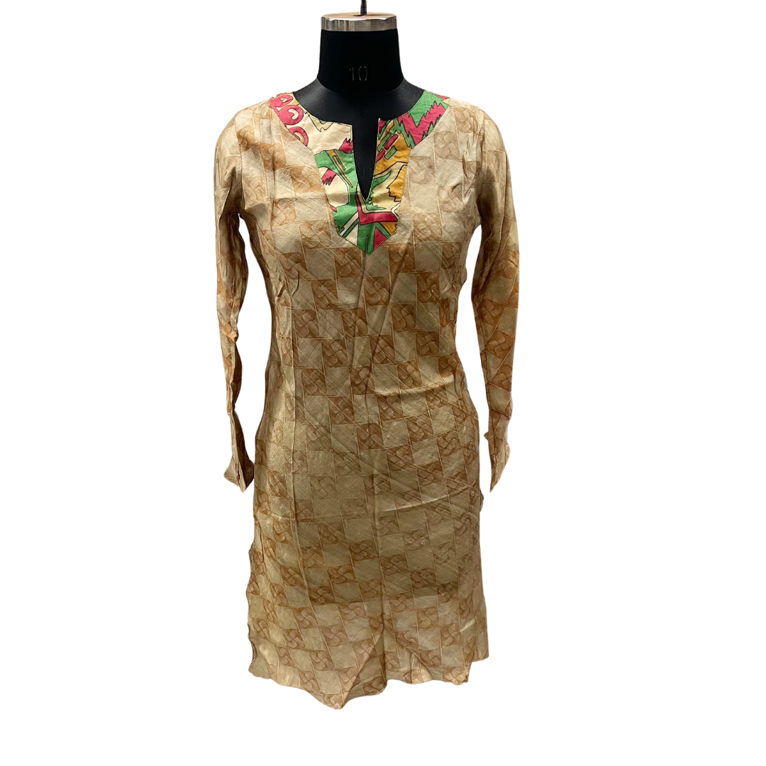 Silk Beige Checkered Tunic with Vibrant Neckline