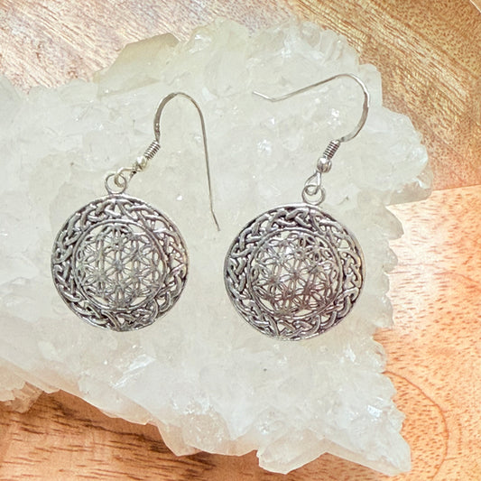 STERLING SILVER FLOWER OF LIFE EARRING MED