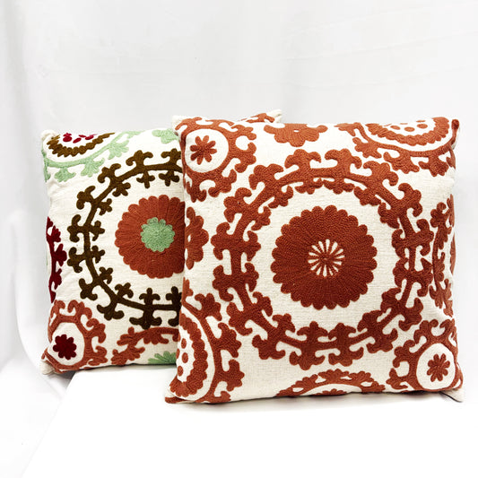 ‘SUZANI SUNBURST’ EMBROIDERY COTTON CUSHION IN ‘CRIMSON & SAGE’ & 'CRIMSON' 45x45CM