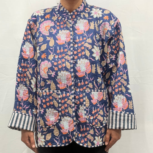 Reversible 100% Cotton Block Printed Jacket with Pocket Indigo