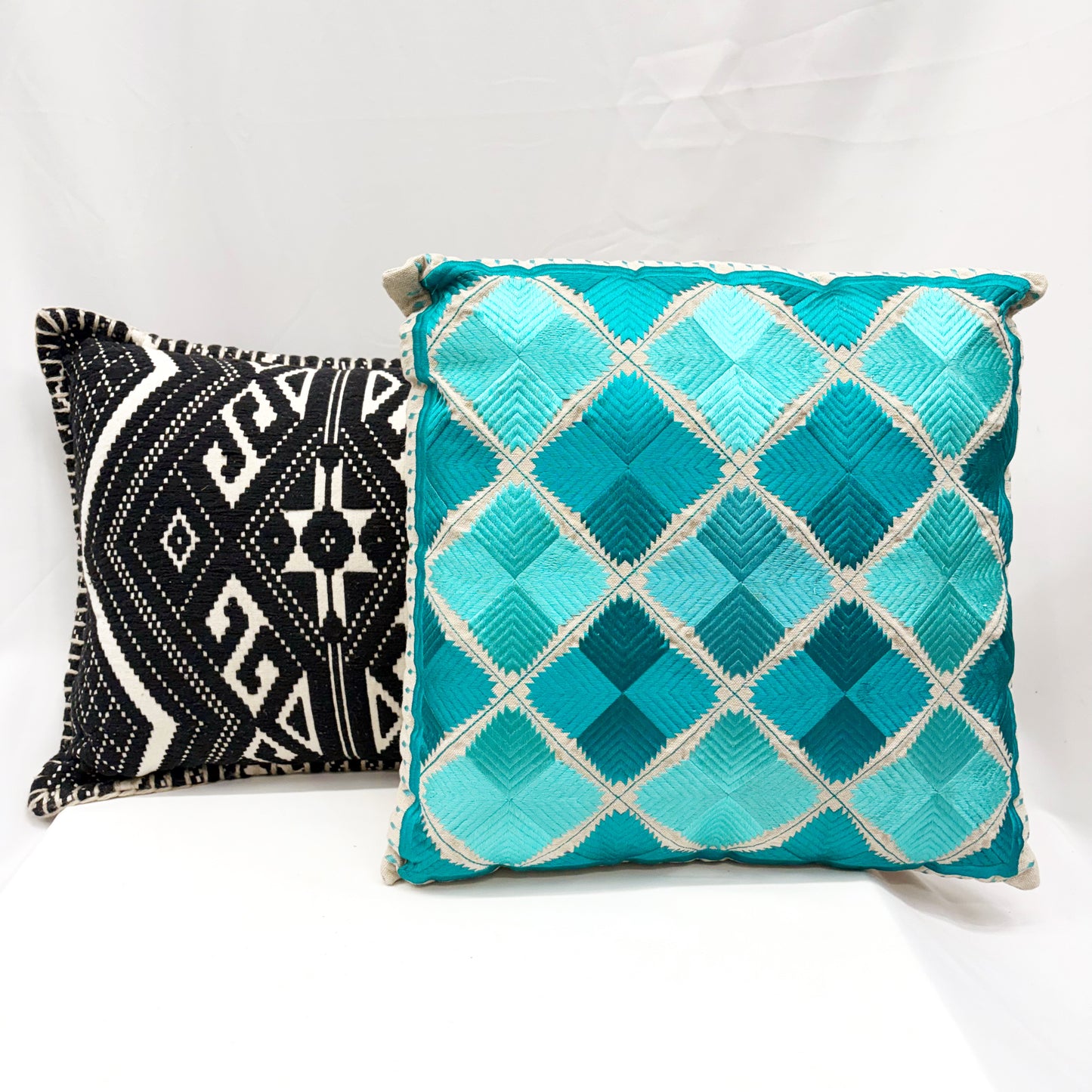 ‘AQUA & TEAL’ EMBROIDERED COTTON CUSHION 45CM