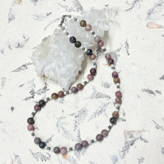 Natural Pearl, Tourmaline n Sterling Silver Beads Necklace