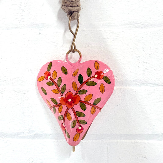 HEART PAINTED FLORAL BELL LIGHT PINK 11X15CM