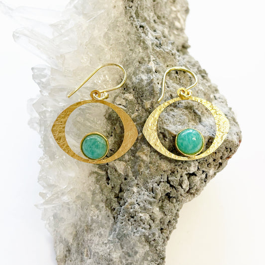 14K Gold plated Brass Amazonite Eye Earrings 4.5x3.5CM