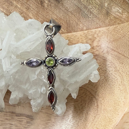 STERLING SILVER MULTI STONE PENDANT -GARNET, PERIDOT, AMETHYST, CITRINE
