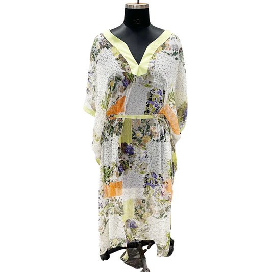 Floral Sheer Kaftan Dress with Soft Pastels