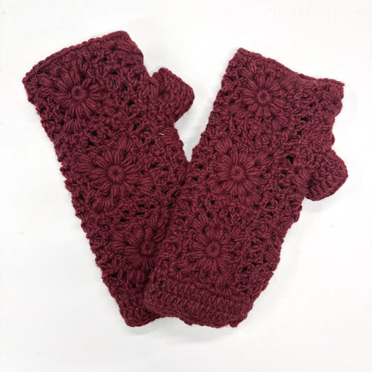 MAROON 100% WOOL FLORAL KNITTED GLOVES