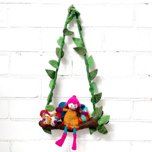FELT YELLOW GARDEN FAIRY ON A SWING