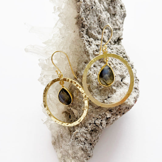 14K  Gold plated Brass Halo Labradorite Earrings 5x3.3CM