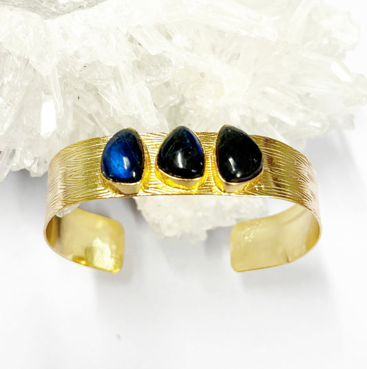 14K Gold plated Brass Labradorite 3-Stone Cuff 6.5x1.2CM