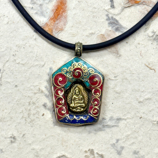 Torquoise n coral inlay Buddha Ghau pendant with rubber chain