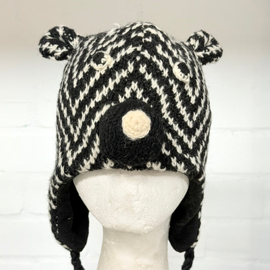 100% WOOL HAND KNITTED FLEECE LINED ZEBRA BEANY