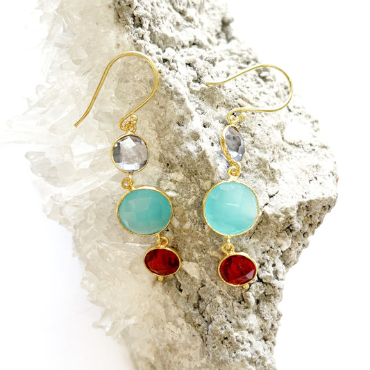 14K  Gold plated Brass 3-Drop Dangle Chalcedony Earrings 5.5x1CM