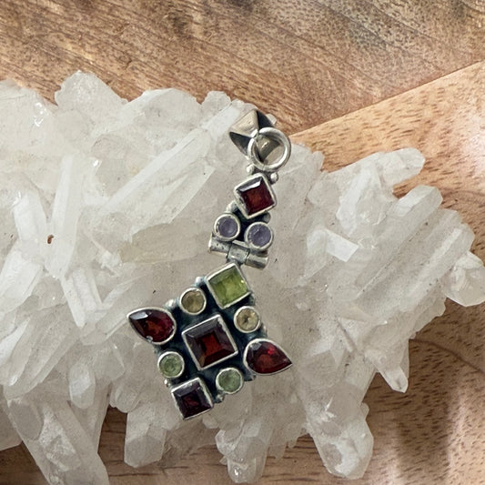 STERLING SILVER MULTI STONE PENDANT -GARNET, PERIDOT, AMETHYST, CITRINE
