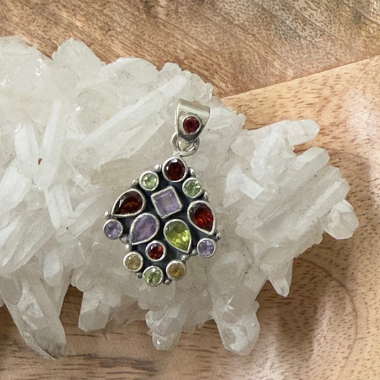 STERLING SILVER MULTI STONE PENDANT -GARNET, PERIDOT, AMETHYST, CITRINE