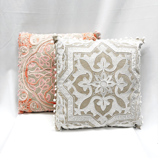 “SUZANI STITCH” EMBROIDERED CUSHION W/INSERT 45CM IN “PORCELAIN” & “PEACH”