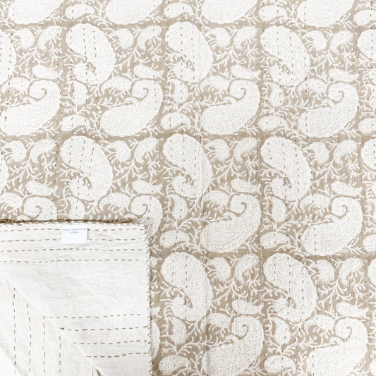 100% COTTON HAND STITCHED PAISLEY TAN THROW 150x220CM