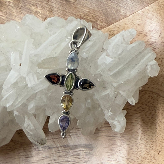 STERLING SILVER MULTI STONE PENDANT -GARNET, PERIDOT, AMETHYST, CITRINE, MOONSTONE