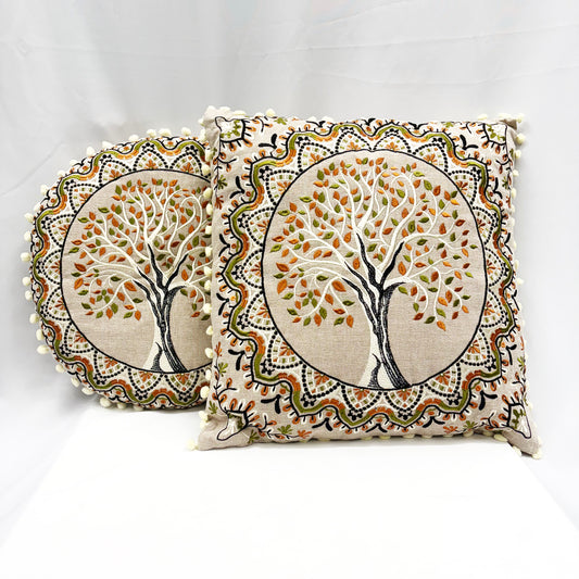 ‘TREE OF LIFE’ EMB. COTTON SEAT & CUSHION IN ‘TERRACOTTA & OLIVE’ - 2PCS.